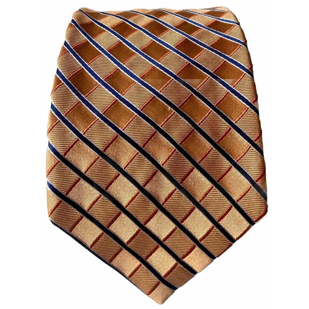 Roundtree & Yorke Trademark Mens Tie Made USA Pumpkin Navy 100% Silk Hand Sewn